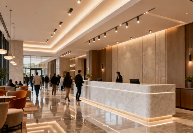 Caesarstone commercial quartz in hotel lobby reception desk