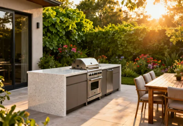 Caesarstone outdoor quartz surface on garden terrace kitchen