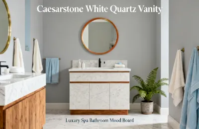 Caesarstone white quartz in spa bathroom vanity design